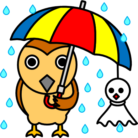 雨の中で傘をさすスズメのイラスト画像