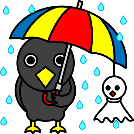 雨の中で傘をさすカラスのイラスト画像