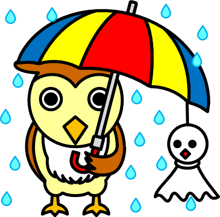雨の中で傘をさすフクロウのイラスト画像