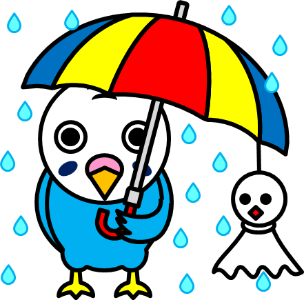 雨の中で傘をさすインコのイラスト画像