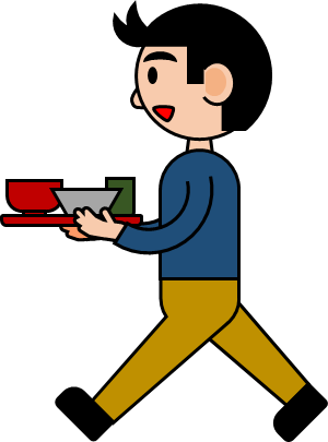 食事をトレーで運ぶ人のイラスト画像