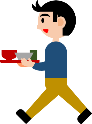 食事をトレーで運ぶ人のイラスト画像